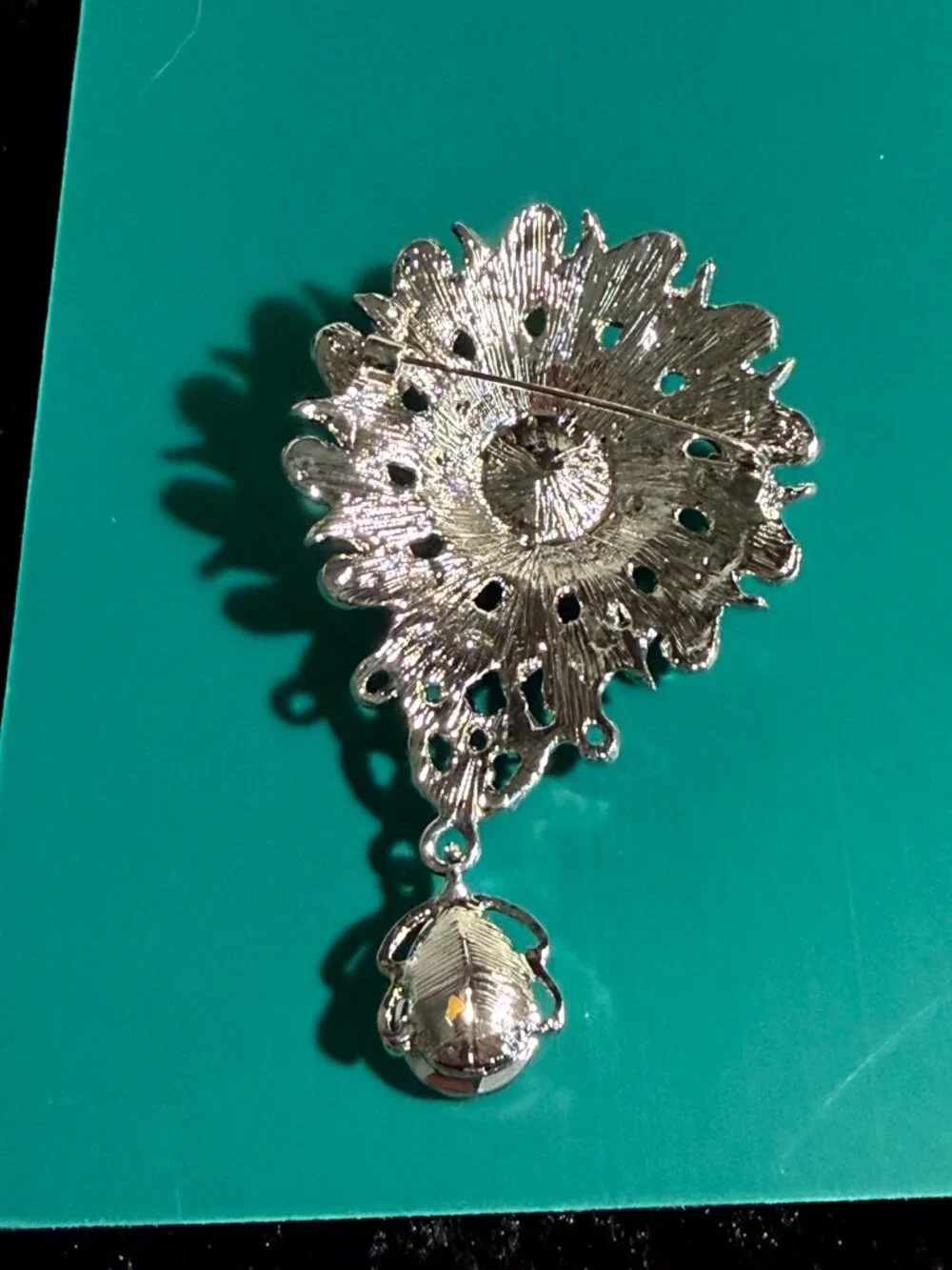 Silver-Tone Rhinestone Teardrop Dangle Brooch